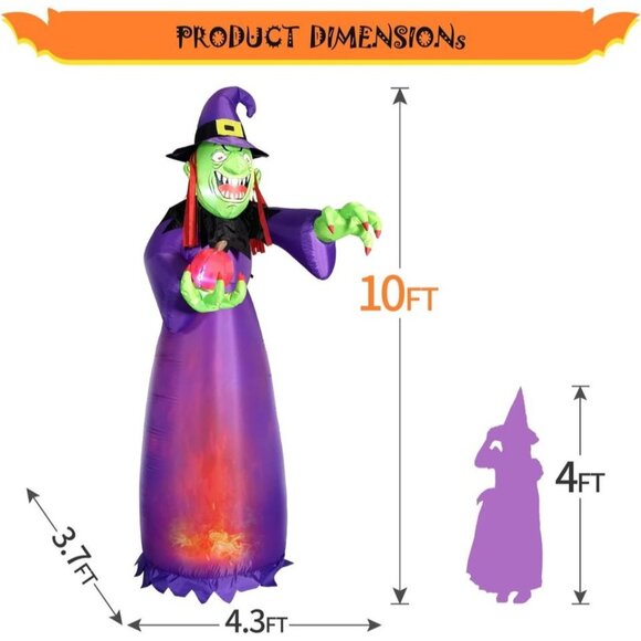 10FT Huge Halloween Inflatable Decoration Witch with Built-in LED Magic Light - Picture 4 of 7